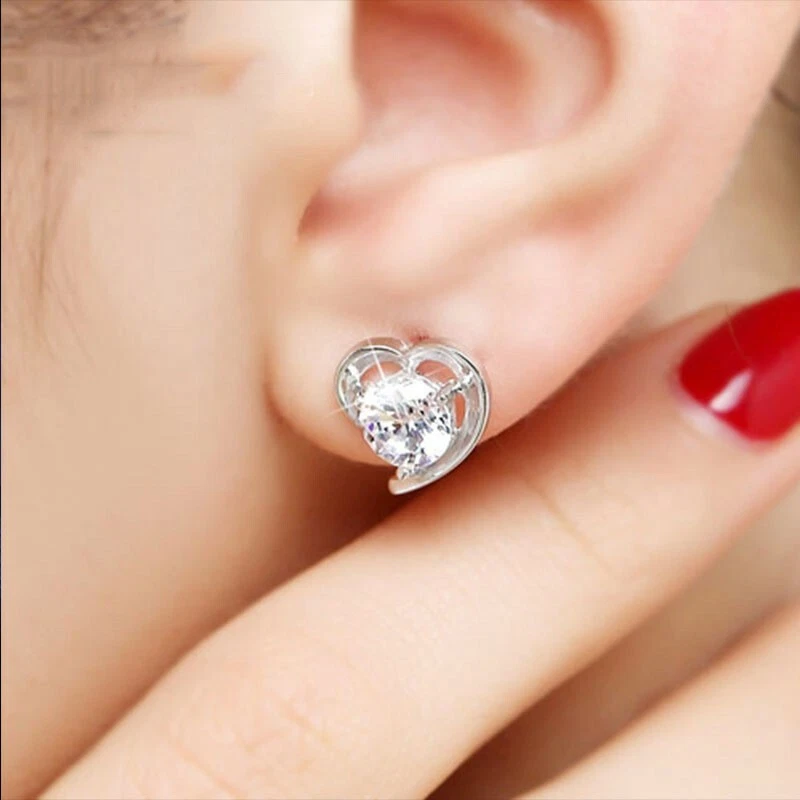 Elegantes Pendientes Retro Joyería Plata Esterlina 925 Cristal Amor Corazón Mujer 1313 Foto 2 de 4