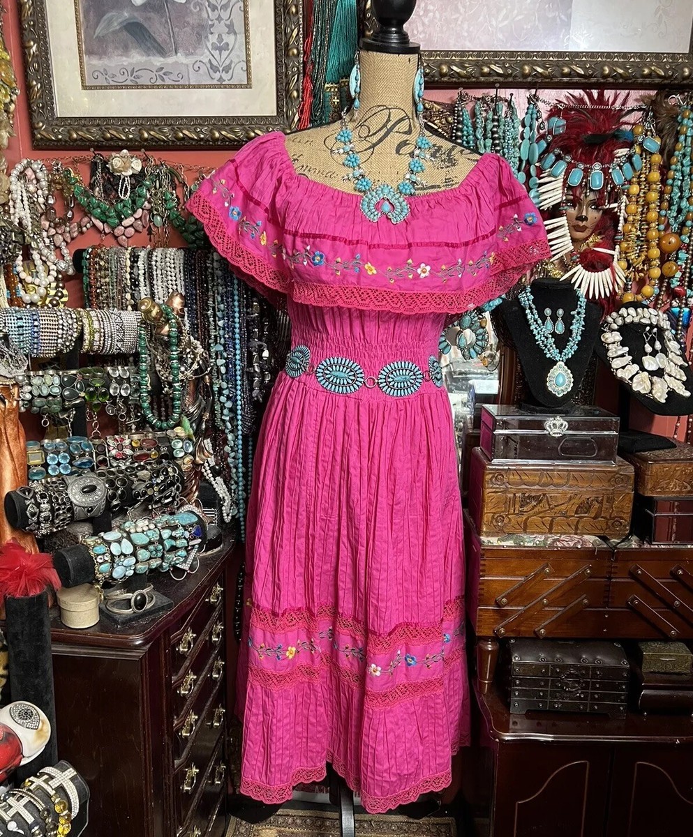 BEAUTIFUL PINTUCK PINK OAXACAN MEXICAN OFF THE SHOULDER EMBROIDERED DRESS ML