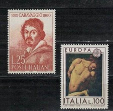 CARAVAGGIO ANNO 1960 E EUROPA UNITA QUADRO ANNO 1975 COPPIA FRANCOBOLLI NUOVI