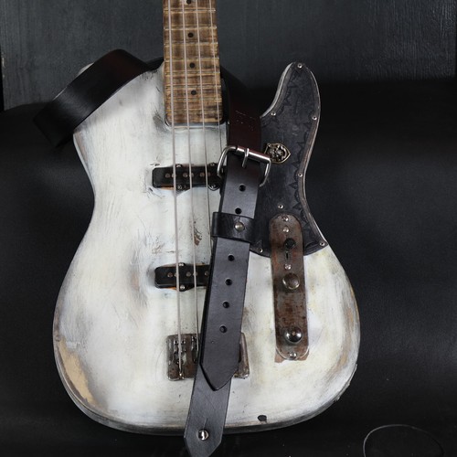 Slim Leather Guitar Strap, 1.5 inches wide. Buckle Design. Black &Antique Nickel - Picture 7 of 7