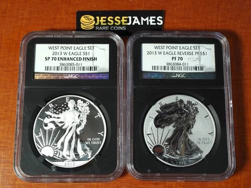 2013 W REVERSE PROOF SILVER EAGLE NGC PF70 & ENHANCED SP70 2 COIN WEST POINT SET