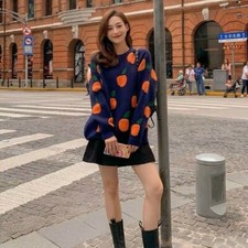 Femme Tricot Pull Fruit Jacquard Pull Ample Décontracté Orange Haut