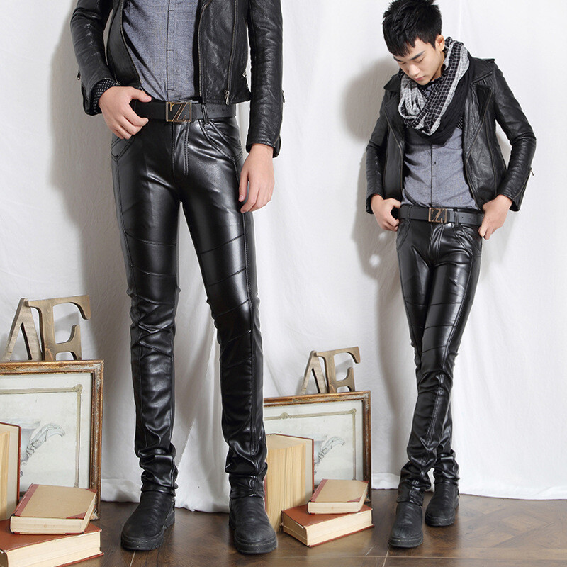 Mens Faux Leather Punk Rock Pants Slim Fit Motorcycle Biker Pant