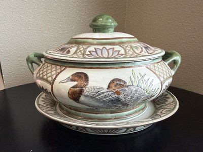 Large Vintage Ceramic Duck Decorative Soup Tureen With Lid And Tray Handles