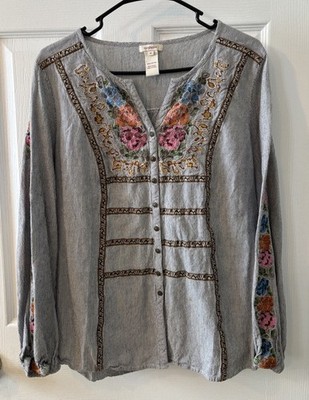 Sundance Embroidered Floral Top Boho Peasant Colorful Long Sleeve Size Medium