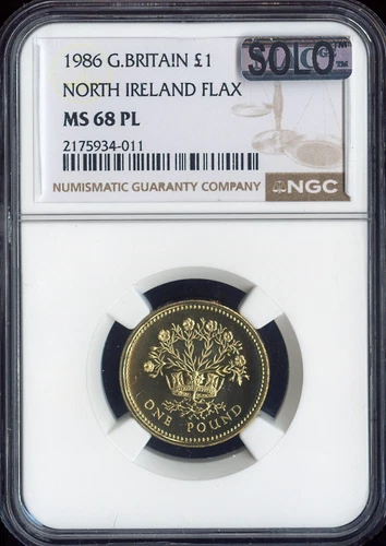 1986 GREAT BRITAIN 1 POUND IRELAND FLAX NGC MS68 PL MAC SOLO FINEST & SPOTLESS .