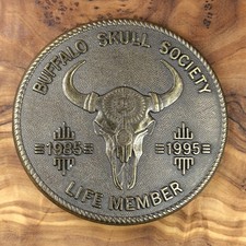 Vtg Southwest Native Buffalo Skull Society Life Member Brass Tone Belt Buckle