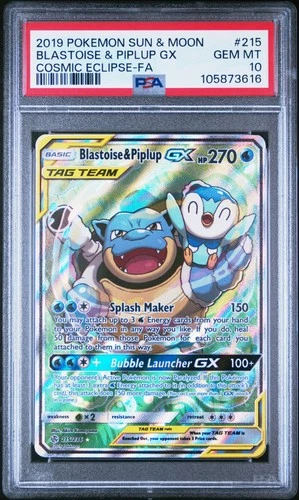 2019 POKEMON SUN & MOON COSMIC ECLIPSE FULL ART/BLASTOISE & PIPLUP GX PSA 10