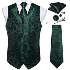 Mens Vest Tie Set 7PCS Silk Paisley Suit X-Large Emerald Green Paisley