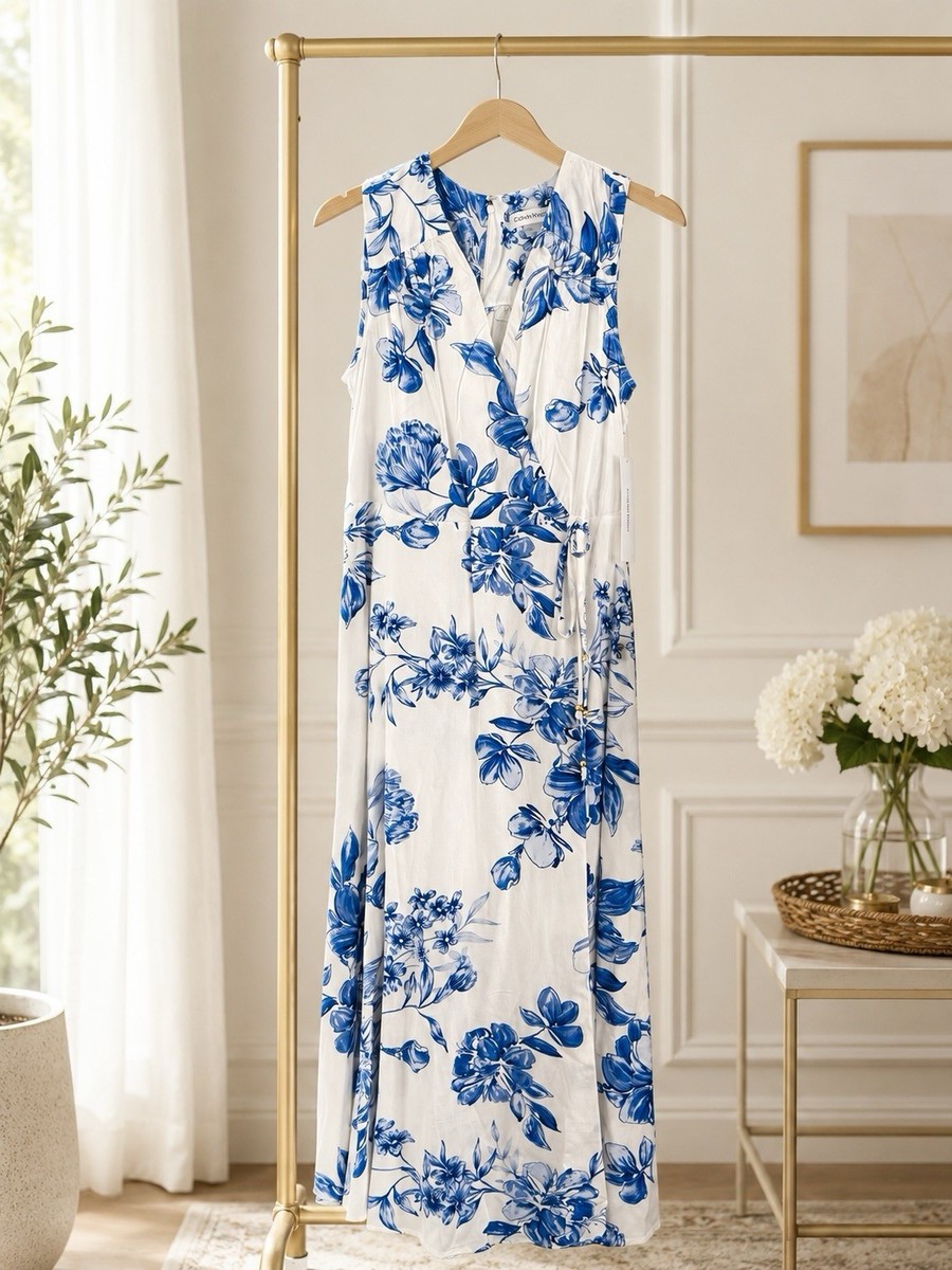 Calvin Klein - Floral Blue and White Wrap Midi Dress Size 8