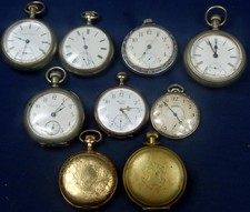 K-D 354.  9 VINTAGE POCKET WATCHES ELGIN, WALTHAM, ILLINOIS, TRENTON, ZENITH 16J