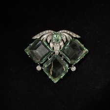 Eisenberg Original Sterling Vermeil Fur Clip Uranium Glass Green Stones UV Glow