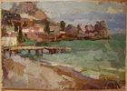 Ukrainian Oil Painting Impressionism seascape rocky shore Black Sea dock