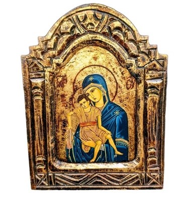 Vintage Hand-Painted Byzantine Icon Madonna & Child Gold Leaf Meteora w/ COA