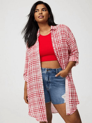 Torrid Kimono Oversized Shirt Alma Plaid Cloud Dancer Adrenaline Rush White Red