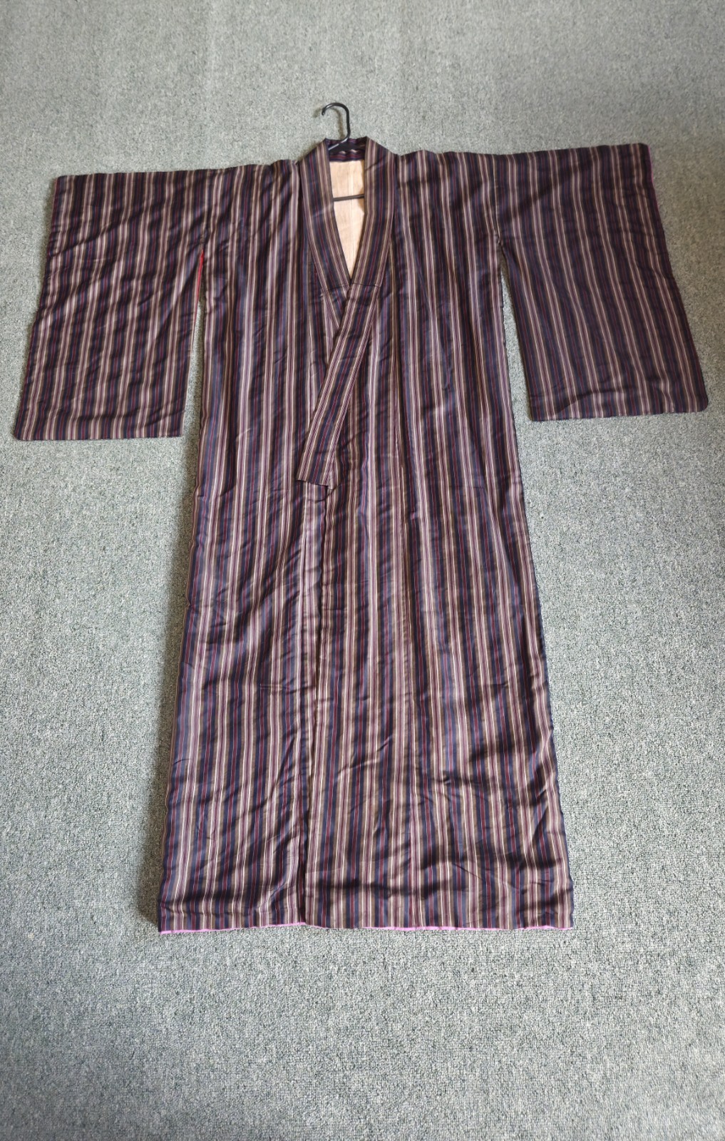 Vintage Japanese Kimono Kasuri Ikat Silk Lined Striped Purple With Info Paper