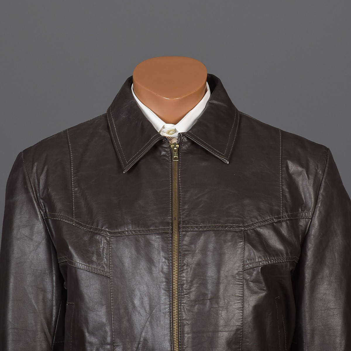 L Vintage 1980s 80s Mens Brown Leather Jacket Zip Front Casual