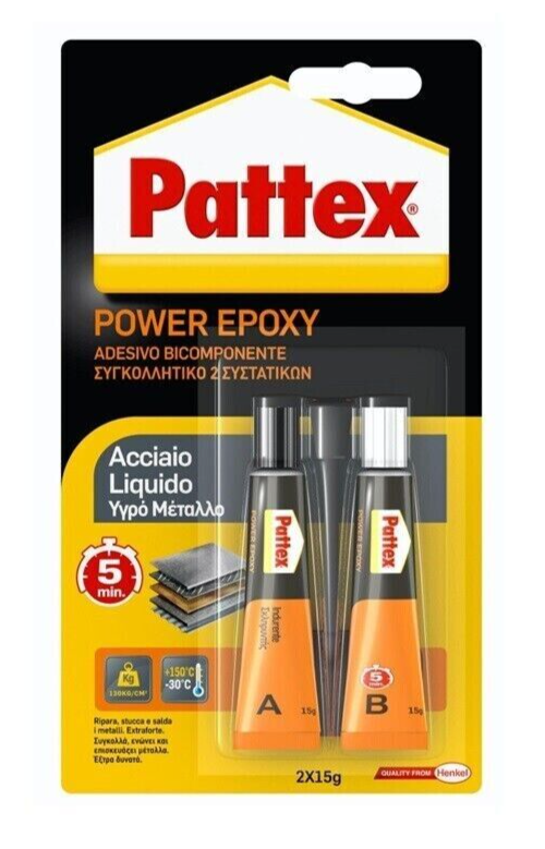 PATTEX POWER EPOXY Acciaio Liquido Adesivo Bicomponente A+B Confezione 2x15 gr.