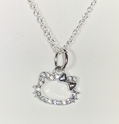 Silver Hello Kitty Crystal Clear CZ Charm Pendant On A Silver Necklace Chain!!