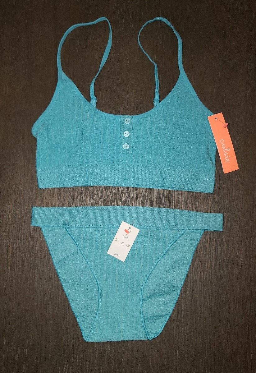NWT Womens Colsie Teal Blue Ribbed Bralette Bra Panty Underwear