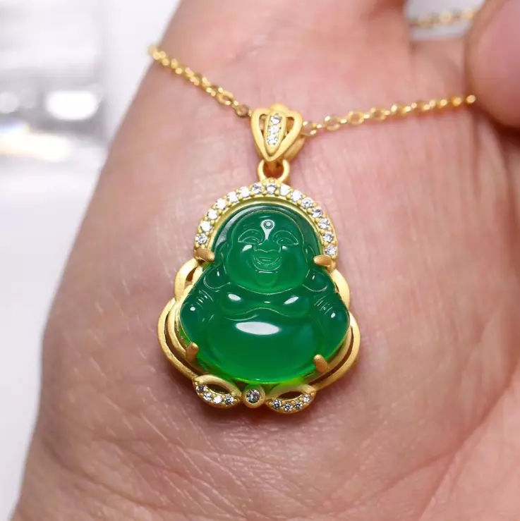 Genuine Green Jade 18k Gold-plated Sterling Silver Buddha Pendant Neck