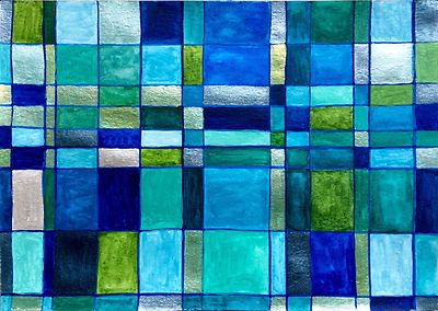 Silber Lichter Blau Grün Abstrakt Signiert Original Künstler Aquarell Acryl