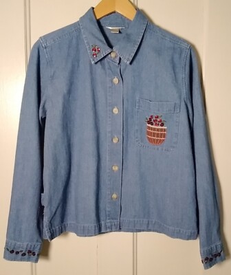 Christopher & Banks Jean Shirt Women's Size S Blue Denim Apples Basket Cabincore