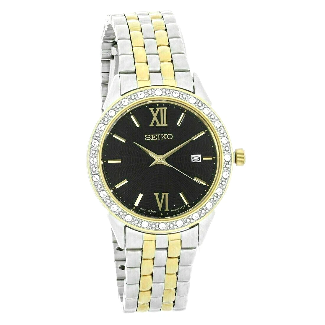 MONTRE FEMME SEIKO 280 CRISTAUX BLOUISSANTS CADRAN NOIR BICOLORE DATE SUR684