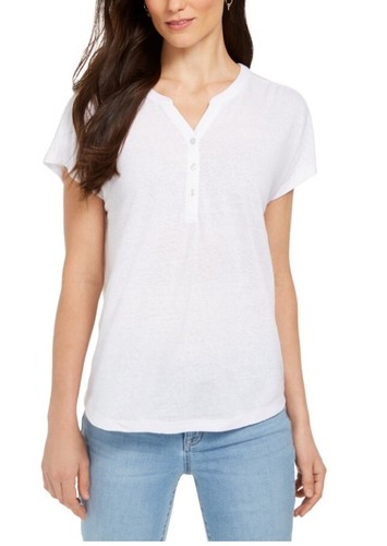 Top Style & Co Donna L Henley Bianco Taglia Large 100% Cotone - Foto 1 di 4