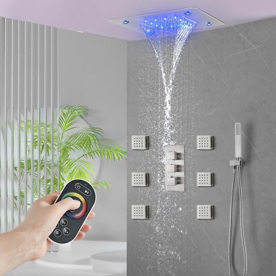 Brushed Nickel Shower Faucet Set LED Rain&Waterfall Head Combos Massage System