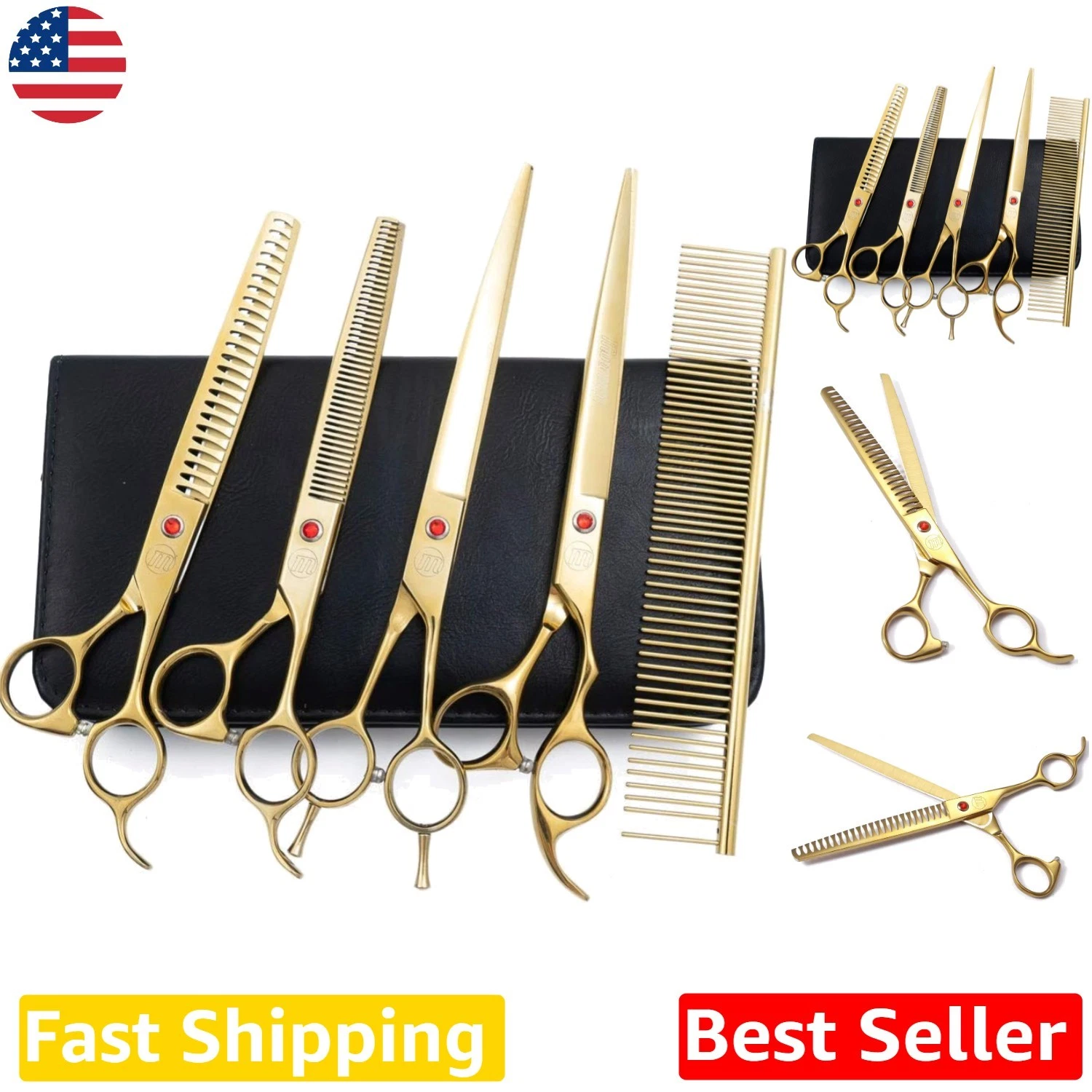 Professional 8" Dog Grooming Scissors 5pc Set, Japanese Steel, Curved, Thinning