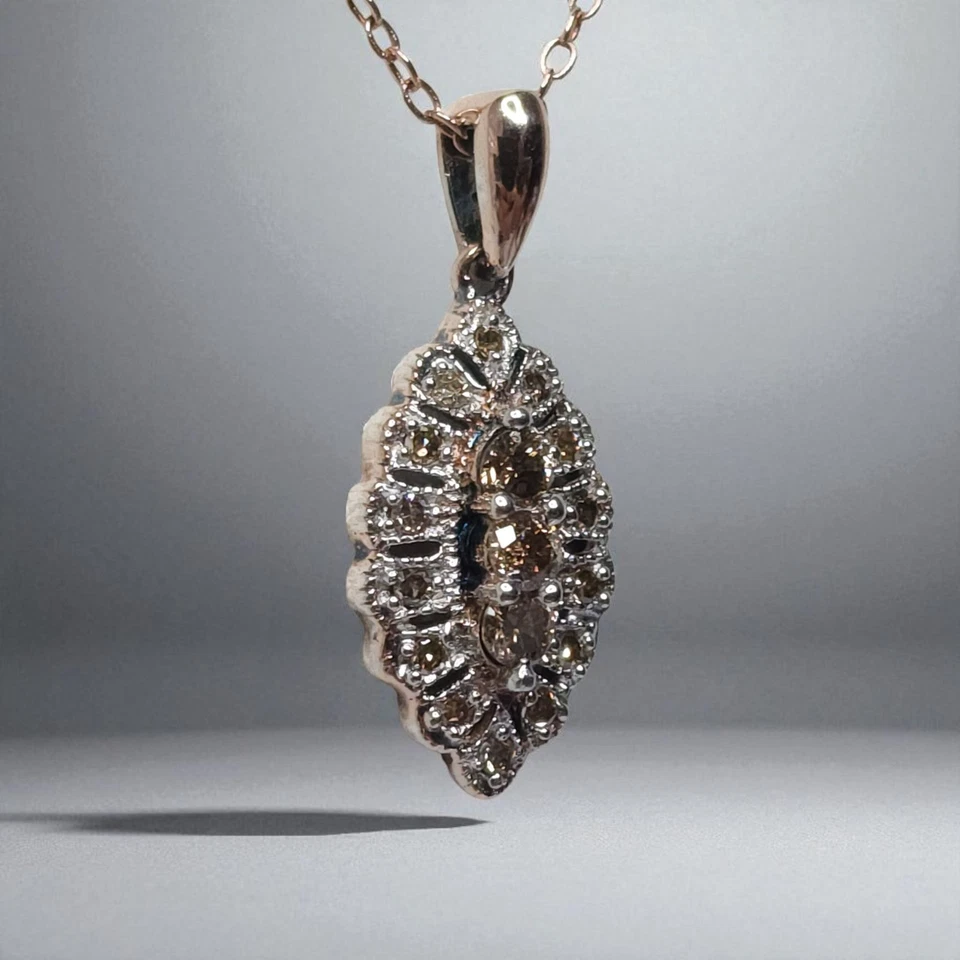 Elegante Collar Colgante Chocolate Diamante Oro Rosa 925 Forma Marquesa Esterlina Foto 2 de 4