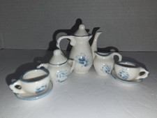 Vintage Ceramic Mini Tea Set 9pc Blue Flower Child Doll Toy Dish