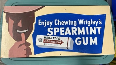 Vintage Wrigley s Spearmint Gum Advertising Sign 30  x 14  Tempered Hardwood