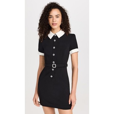Self-Portrait Crepe Contrast Mini Dress Black White Button Front Belted Sz US 6