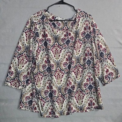 Emily Daniels Paisley Damask Blouse Top Plus Size 2X 3/4 Sleeve V-Neck Casual
