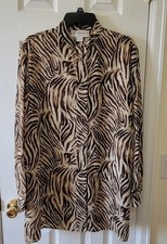 Nygard Collection Blouse Tunic Size 16 Animal Print Tiger Tan Black Button Up