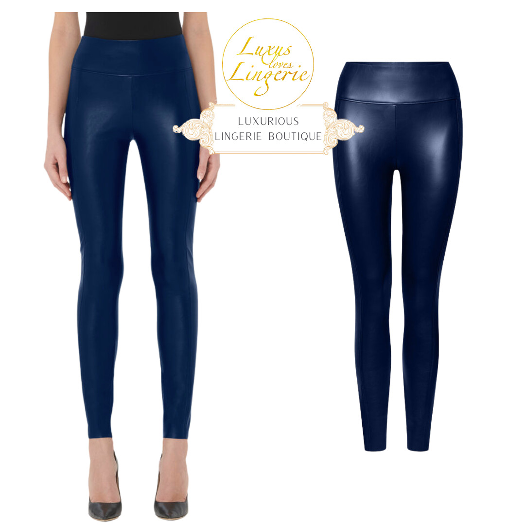 Edie Forming Leggings Wolford 36 Navy Blue Shaping Pants Faux Leather Vegan