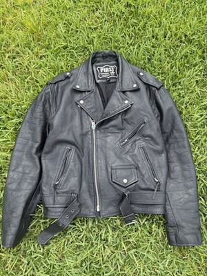 Vintage 90s First Genuine Leather Black Motorcycle Jacket 1990s Size Large