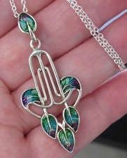 Gorgeous 925 Sterling Silver Art Nouveau enamel leaf necklace pendant