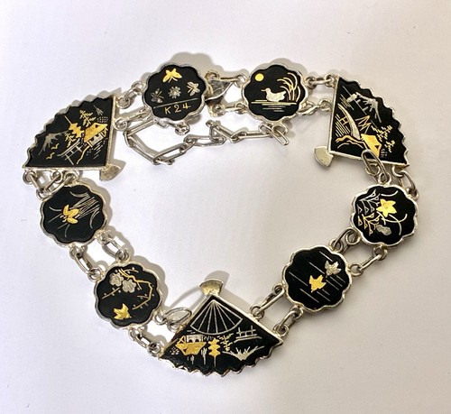 Vintage Japanese Damascene K24 Gold Inlay Silver Scenic Panel Bracelet