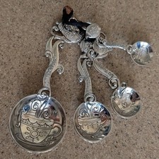 Measuring Spoons Ganz, Coffee/Tea Cup & Flowers Design, Ornate Metal 4 Spoon Set