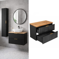 Countertop Vanity Unit 800mm Bathroom Ribbed Wall Drawer Cabinet Black Oak Adel