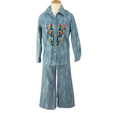 Vintage Original 70s Pantsuit Embroidered Tie Dye Bell Bottom High Waist Med