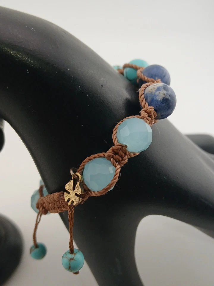 Pulsera ajustable LUCKY BRAND cordón marrón tonos azules cuentas cristal redondas Foto 3 de 4