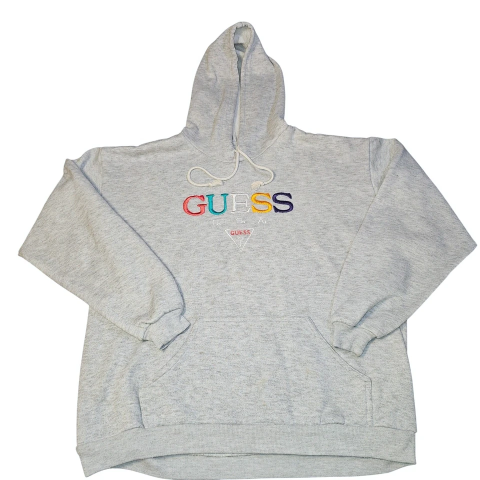 Vintage Guess Made in USA Embroidered Multi Color Logo Hoodie Grey 90s Designer - Image 2 of 4