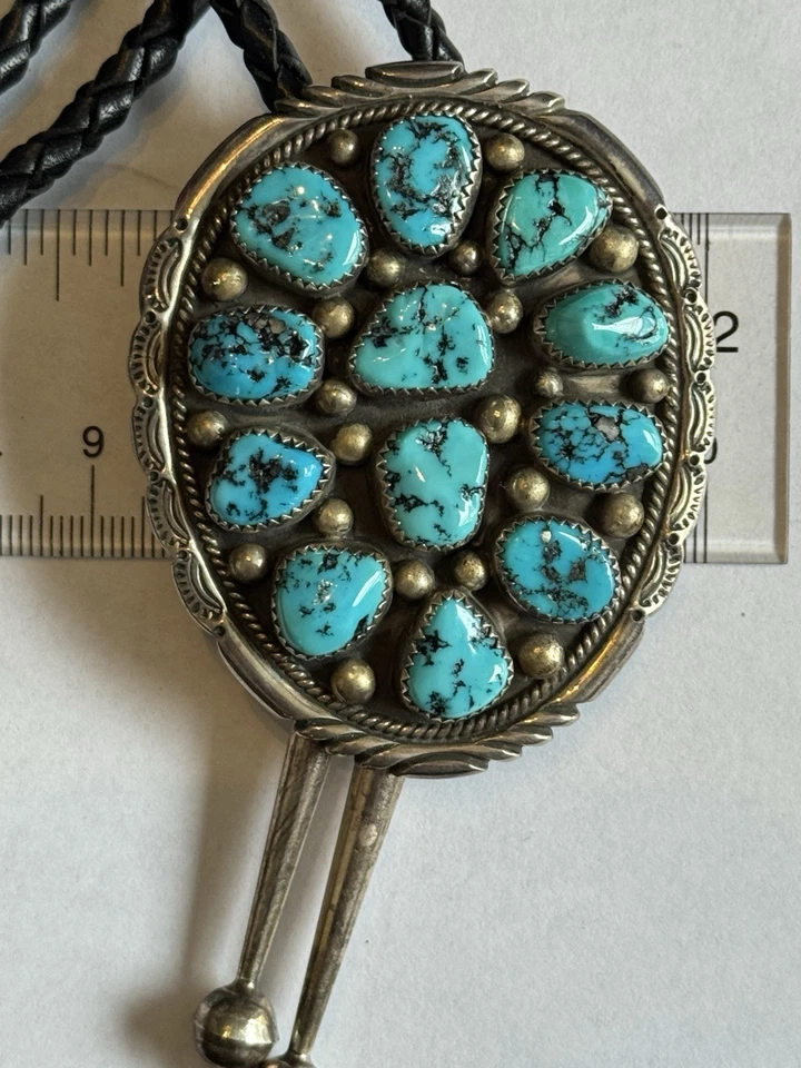 Винтажный галстук-боло из чистого серебра с бирюзой навахо Eddy Chaco — подписанный Eddy Chaco - Изображение 4 из 4