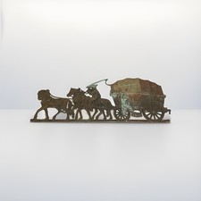 Vintage Cast Iron Horses Pulling Covered Wagon - European Conestoga Wagon Plaque