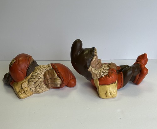 2 Vtg 1970’s Garden GNOME / Elf Statues Hand Painted Ceramic Patchwork Sleeping - Picture 11 of 17