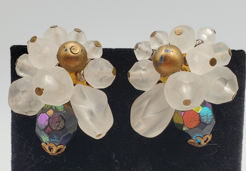 Vintage W Germany Clip Earrings Cluster Pin Top Frosted Art Glass Beads Crystals